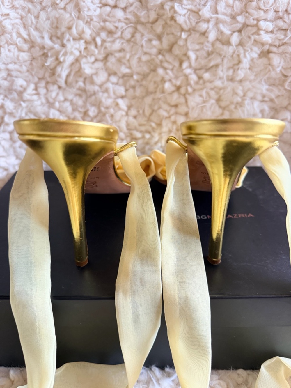 Vintage BCBG Max Azria Gold Ankle Wrap Heels Chiffon Bow Y2K Coquette Heels 8.5⁠ - Picture 6 of 6